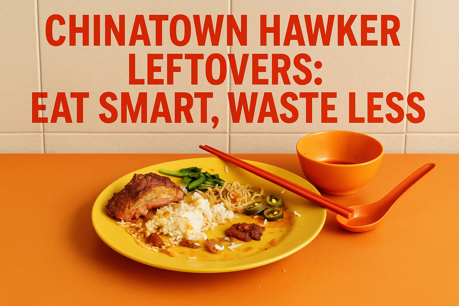 Leftover Chinatown hawker food with bold text encouraging mindful eating