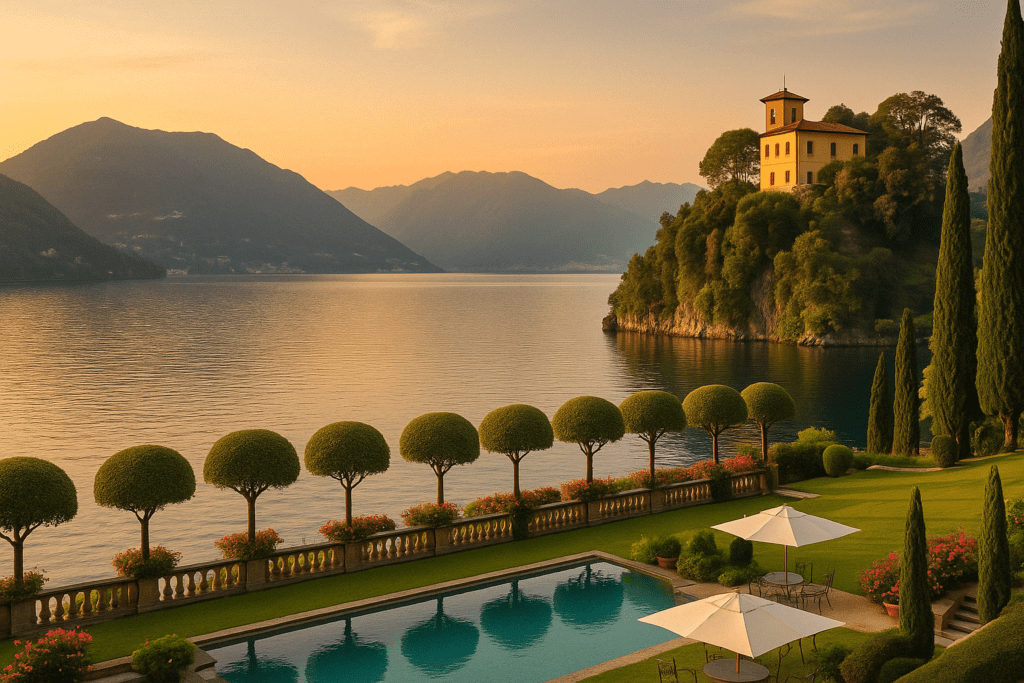 Lake Como luxury villa with sunset and garden view