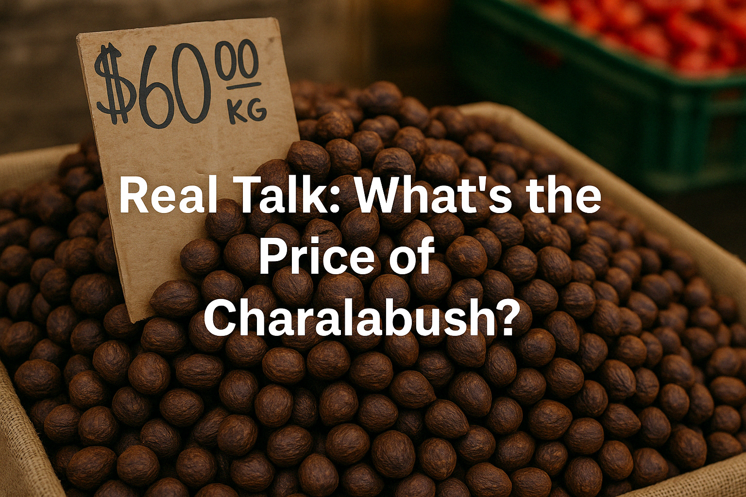 A display of charalabush nuts with a $60 price tag and article title overlay