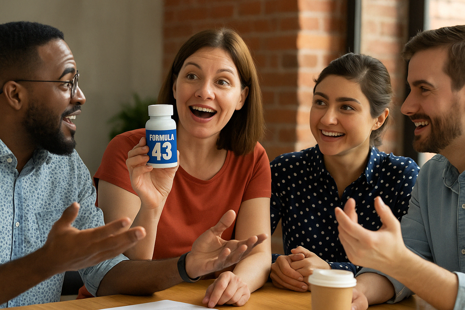 People discussing Formula 43 product enthusiastically around a table
