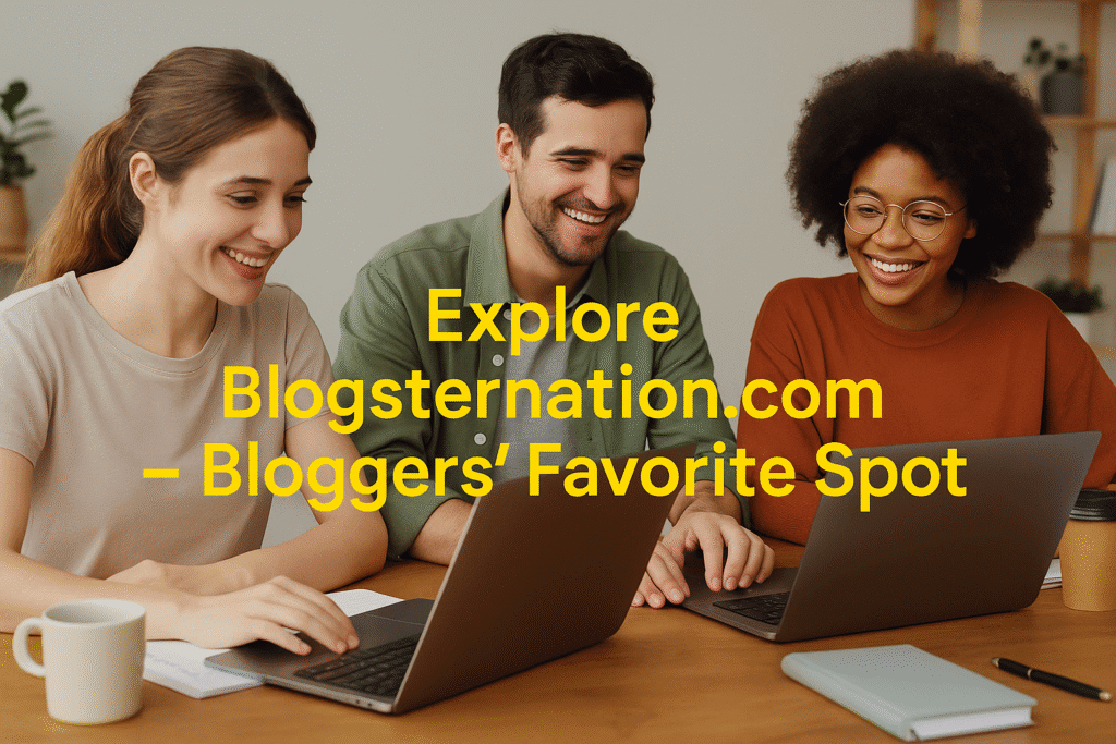 Bloggers using laptops and sharing ideas on Blogsternation.com