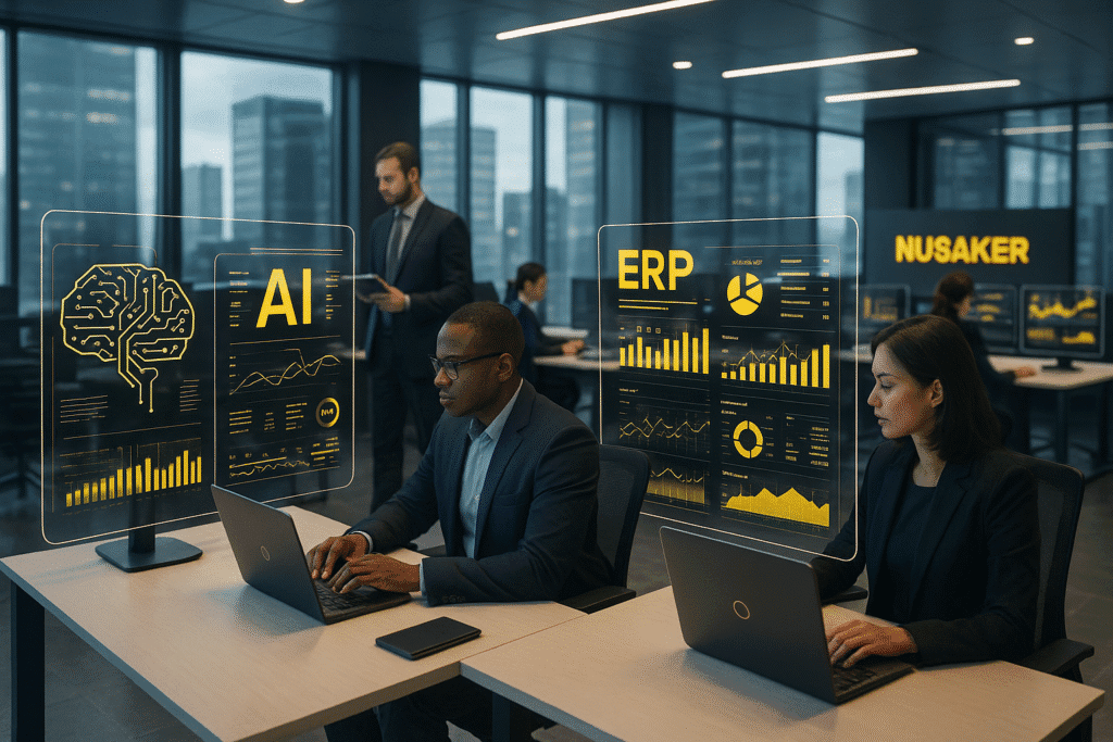Professionals working on laptops with AI and ERP digital displays in a modern office by Nusaker