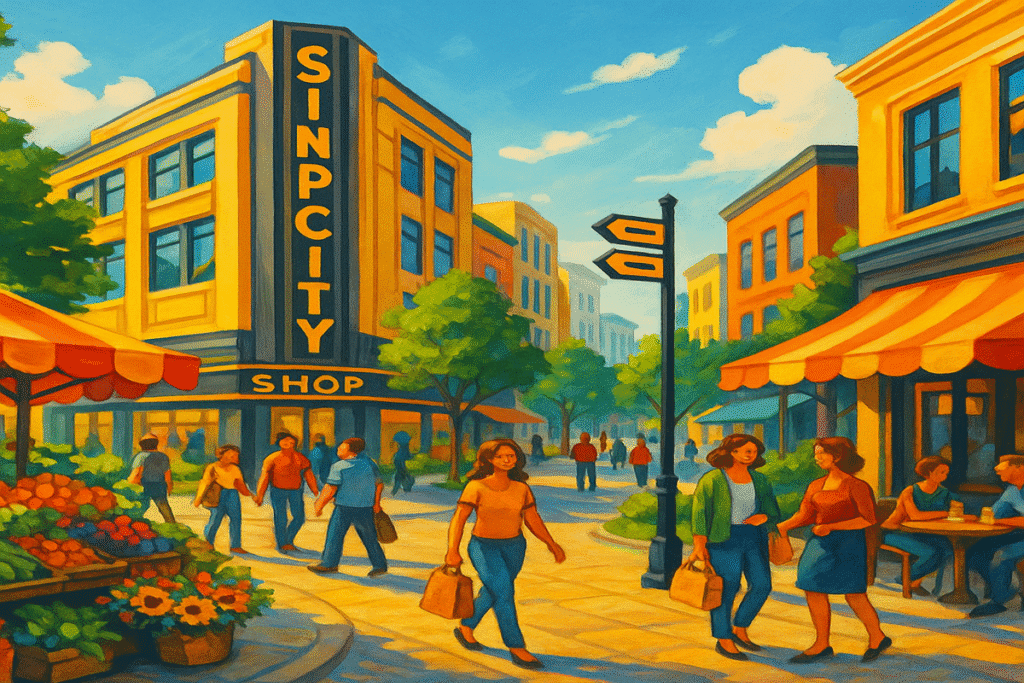 Vibrant cityscape of SinpCity showcasing lifestyle and deals.