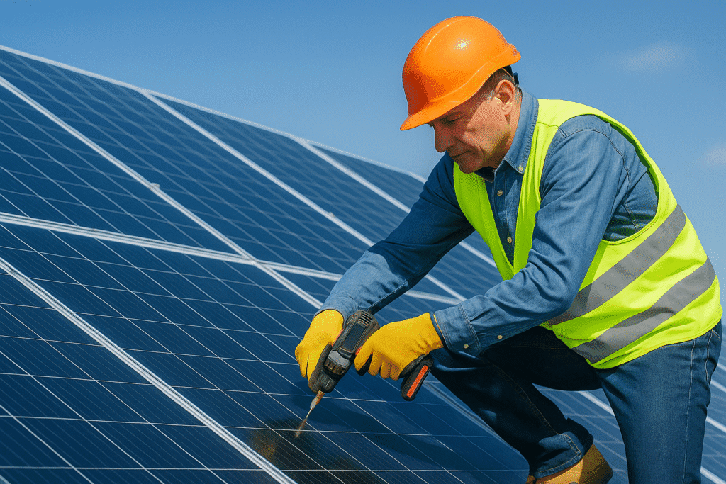 Technician installing solar panels on a rooftop in bright daylight.