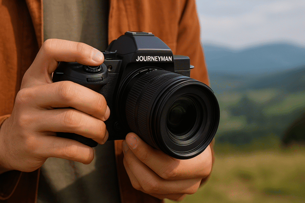 Journeyman Camera held by a person with a scenic background