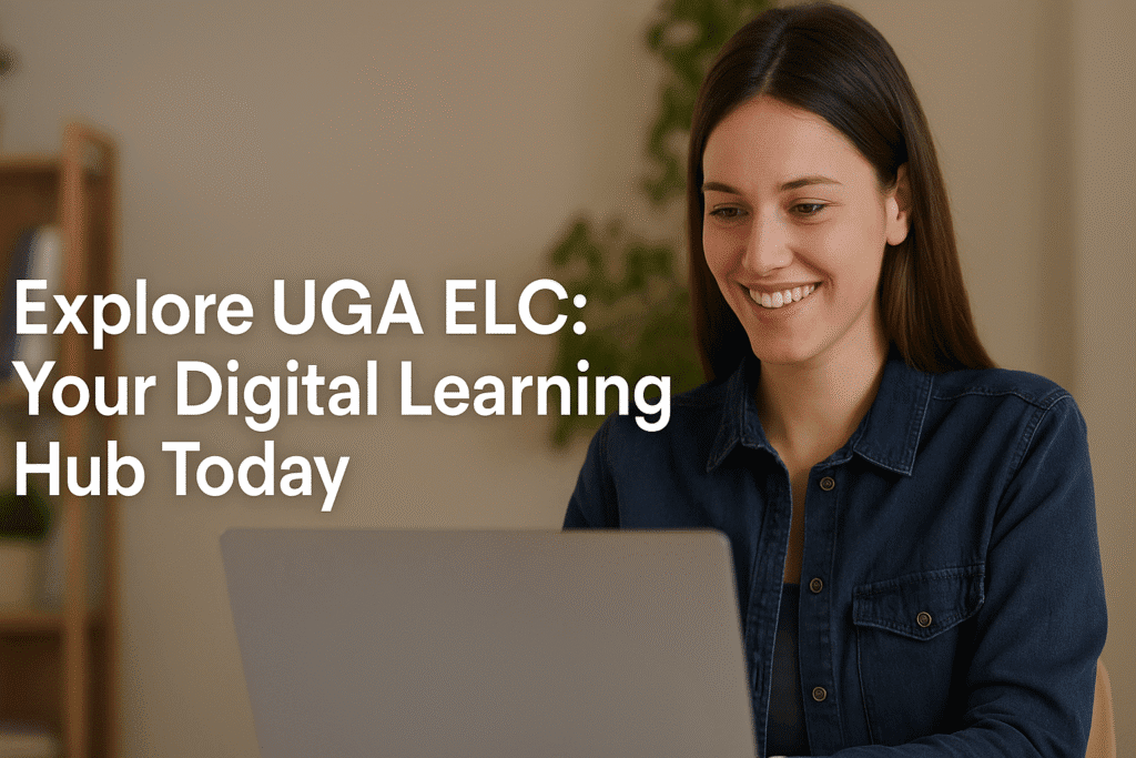 UGA student using a laptop to access the UGA ELC digital learning platform in a comfortable home setting.