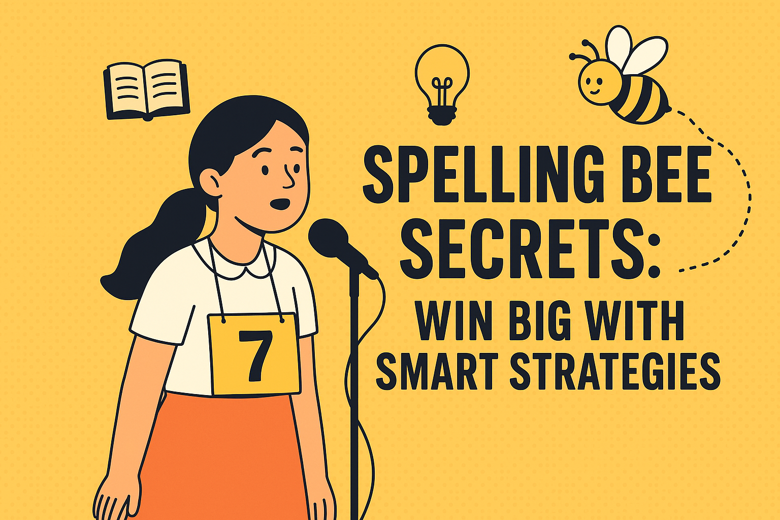 Girl spelling at microphone with bee and book icons, title: Spelling Bee Secrets