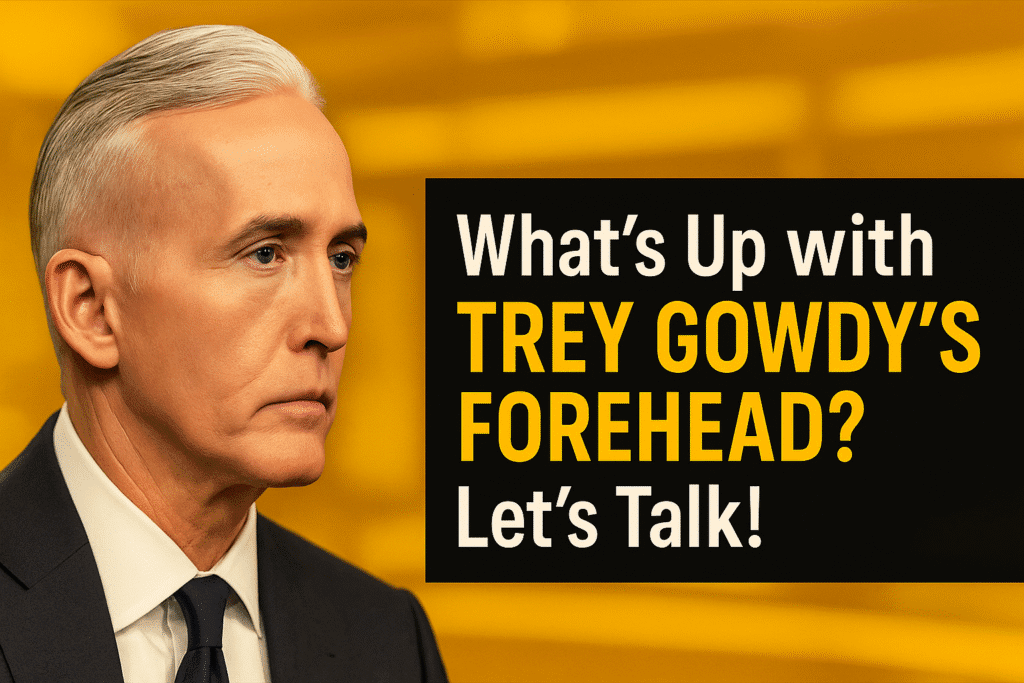 Trey Gowdy in profile with slicked-back silver hair and bold text discussing his forehead against a yellow backdrop.