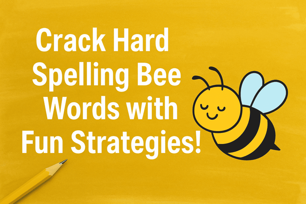 Cheerful yellow background with spelling bee title and cartoon bee.
