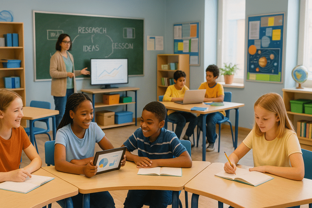 Students collaborating in a modern, flexible classroom environment.